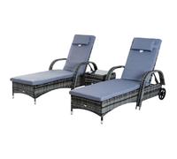 Outsunny Transats bains de soleil – Lot de 2, têtière inclinable, roulettes, résine tressée, gris