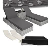 Transats - TECTAKE - Lot de 2 bains de soleil - PALMA résine tressée, table avec rangement 184 x 60 x 21 cm - gris clair