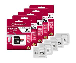 Transcend Lot de 5 cartes mémoire flash microSDHC 8 Go 60 Mo/s 400 x UHS-I Classe 10 avec adaptateur TS8GUSDU1