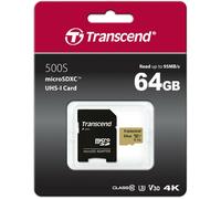 Transcend microSDXC 500S 64GB Class 10 UHS-I U3 V30 + Adaptateur