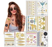 Transfert Temporaire Métalliques Tatouages Pour Les Femmes Teens Filles - 8 Feuilles Or Argent Tatouage Temporaire Briller Bijoux Tatouages - 100 + Couleur Faux Tatouage Imperméables Autocollants