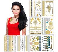 Transfert Temporaire Métalliques Tatouages Pour Les Femmes Teens Filles - 8 Feuilles Or Argent Tatouage Temporaire Briller Bijoux Tatouages - 100 + Couleur Faux Tatouage Imperméables Autocollants