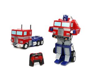 Transformers Converting RC Optimus Prime - Modèle Original G1 Voiture télécommandée - 30 cm de Long en Mode Camion, Debout de 35 cm de Haut converti en Mode Autobot avec lumières Sons et Voix