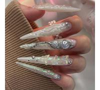 Transformez vos ongles avec 24 pièces d'ongles élégants, romantiques et glamour. Décoration vintage de vagues 3D, perles blanches et perles métalliques rondes. Ongles faux 3D stéréoscopiques avec papi