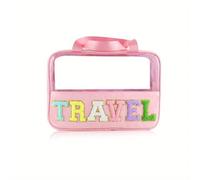 Translucent Wash Bags Travel Makeup with Letter Patches Large Clear Make Up Zipper Pouch with Handle Bath Organizer Convient au Shopping, aux Voyages, aux Rencontres(Pink)