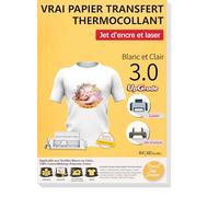TransOurDream 60 Feuilles A4 Papier Transfert pour Textile Blanc ou Clair 3.0 + 6 papiers sulfurisés, HTV vinyle, Imprimantes Jet d'Encre & Laser, Non Impression Miroir FR2-3.0-60-IP