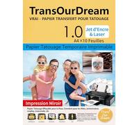 TransOurDream A4 x 10 Papier Transfert pour Tatouage Temporaire Transparent 1.0, impression jet d'encre&laser, DIY tatouage personnalisé lavable et décalcomanie sur bougie et verre, FR11-1.0-10