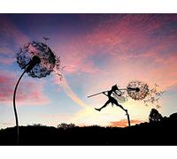 Transplant Silhouette de Jardin Fées et pissenlits Danse Ensemble Sculpture de Jardin Fée sur Piquet Jouant sur Le Pissenlit Silhouette d'elfe en métal (D)