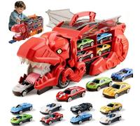 Transport Dinosaur Truck with Foldable Sliding, 2026 New inosaur Transport Truck Toy with 4/8/12 Alloy Car&Ejection Folding Track, Portable Monster Trucks Set,Christmas Birthday Gift (Red,8cars)