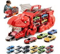 Transport Dinosaur Truck with Foldable Sliding, 2026 New inosaur Transport Truck Toy with 4/8/12 Alloy Car&Ejection Folding Track, Portable Monster Trucks Set,Christmas Birthday Gift (Red,12cars)