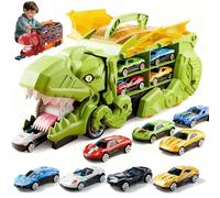 Transport Dinosaur Truck with Foldable Sliding, 2026 New inosaur Transport Truck Toy with 4/8/12 Alloy Car&Ejection Folding Track, Portable Monster Trucks Set,Christmas Birthday Gift (Green,4cars)