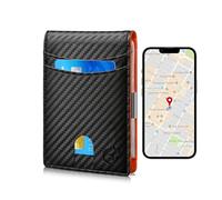 Traqueur et localisateur de portefeuille Bluetooth anti-perte, compatible avec Anroid, cuir fin avec 1 fenêtre d'identité, porte-cartes de crédit avec coffret cadeau (iOS-KBF005-Noir carbone et orange
