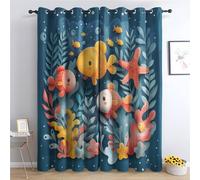 Traulpex Rideau Étoile de Mer Algues Poisson - Lot De 2 à Oeillets, Monde Sous-Marin Vie Marine Rideaux occultant opaque, thermique isolant anti froid, pour chambre, chambre enfant, salon, 140 x 175cm