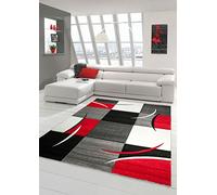Traum Salon Designer Tapis Contemporain Tapis, Moquette à Motif Diamant Contour de Coupe Rouge Gris Blanc Noir (160x230 cm)