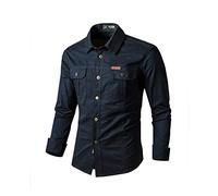 Travail Chemise Homme Moderne Urbain Simplicité Couleur Unie Casual Shirt Homme Classique Slim Fit Revers Patte Boutonnage Manches Longues Shirt Homme avec Poches Basic Shirt Homme I-Dark Blue1 XXL