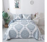 Travan Parure de lit matelassée 3 pièces avec Couvre-lit matelassé léger à imprimé Floral avec taies d'oreiller pour Toutes Les Saisons, Motif Floral Bleu, Grand lit
