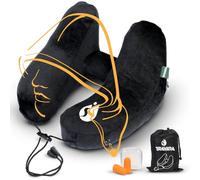 TRAVARA Oreiller de Nuque Gonflable - Oreiller de Voyage réglable et Compact, Confort Ultime pour Les Longs Vols, Oreiller d'avion avec Capuche Amovible - Votre Compagnon de Voyage Essentiel (Gris)