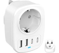 Travel Adapter for UK,UK Plug Adapter with 1 AC 2 USB-C 2 USB-A Ports,Multifunction Adapter to France for Scotland/Ireland/Dubai/Maldives