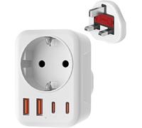 Travel Adapter UK,Adapter England EU Plug with 1 AC & 2 USB-C & 2 USB-A (3.4A)-Travel Plug Type-G Socket UK To EU Socket Adapter for England,Ireland,Malta,Maldives Sockets,etc.