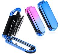 Travel Hair Brush with Mirror,Foldable Wet Travel Size Compact Hair Brush for Women and Men,Hairdressing Tools(Pink and Blue)