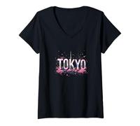 Travel in Tokyo Co Femme T-shirt à col V Tokyo Japon Tenue de voyage de vacances Tokyo Japon Noir Taille S