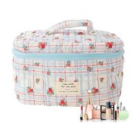 Travel Makeup Bag - 25 cm Quilted Floral Case, Portable Cosmetic Organizer, Soft Storage Pouch, Durable Container | for Home Hotel Camping Toiletry Accessories, Blue Check Red Flower, riferimento