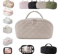 Travel Makeup Bag for Woman Lay Flat Makeup Wide Open Toiletry Bag Lay-Flat Cosmetic Water-Resistant Toiletries Brush Make up Bags Puffy Padded Organizer Brush Compartment Handle Case(Kaki)