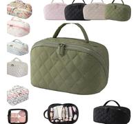 Travel Makeup Bag for Woman Lay Flat Makeup Wide Open Toiletry Bag Lay-Flat Cosmetic Water-Resistant Toiletries Brush Make up Bags Puffy Padded Organizer Brush Compartment Handle Case(Vert)