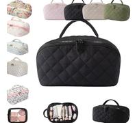Travel Makeup Bag for Woman Lay Flat Makeup Wide Open Toiletry Bag Lay-Flat Cosmetic Water-Resistant Toiletries Brush Make up Bags Puffy Padded Organizer Brush Compartment Handle Case(Noir)