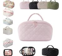 Travel Makeup Bag for Woman Lay Flat Makeup Wide Open Toiletry Bag Lay-Flat Cosmetic Water-Resistant Toiletries Brush Make up Bags Puffy Padded Organizer Brush Compartment Handle Case(Pink)