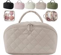 Travel Makeup Bag for Woman,Spacious 180° Open Cosmetic Organizer with Brush Compartment & Handle,Waterproof Washable Large Capacity Portable Cosmetic Storage Pouch (Khaki)