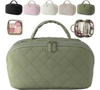 Travel Makeup Bag for Woman,Spacious 180° Open Cosmetic Organizer with Brush Compartment & Handle,Waterproof Washable Large Capacity Portable Cosmetic Storage Pouch (Green)