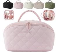 Travel Makeup Bag for Woman,Spacious 180° Open Cosmetic Organizer with Brush Compartment & Handle,Waterproof Washable Large Capacity Portable Cosmetic Storage Pouch (Pink)