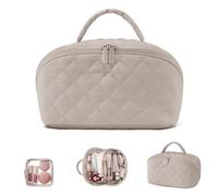 Travel Makeup Bag for Woman, Water-Resistant Wide Open Expandable Lay Flat Makeup Bag, with Handle Brush Compartment for Travel Daily Use (Khaki)