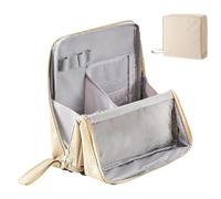 Travel Makeup Bag - Vertical Standing Design & Space Saving Pouch, Waterproof Exterior + Interior Divider | Reinforced Nylon Construction - For Cosmetics & Stationery, Crème colorée, riferimento