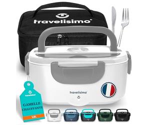 TRAVELISIMO Gamelle Chauffante 100W Lunch Box Chauffante 1,5L Boite Alimentaire Chauffante 3 en 1 220V 24V 12V, Bento Isotherme Chaud, Acier Inoxydable, Rechauffer Repas pour Voyage et Bureau