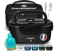 TRAVELISIMO Gamelle Chauffante 80W Lunch Box Chauffante 1,5L Boite Alimentaire Chauffante 3 en 1 220V 24V 12V, Bento Isotherme Chaud, Acier Inoxydable, Rechauffer Repas pour Voyage et Bureau