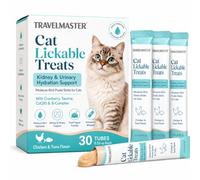 TRAVELMASTER Friandises à lécher pour chat, saveur poulet et thon, 30 tubes | Bâtonnets de purée crémeuse, texture riche en humidité, canneberge, taurine, vitamines CoQ10 et B, décoration alimentaire