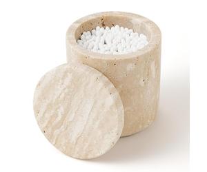 Travertin Boîte à cotons-tiges en marbre naturel avec couvercle Grande capacité Distributeur de rangement pour cotons-tiges, boules de coton, tampon de maquillage, sel de bain (beige)