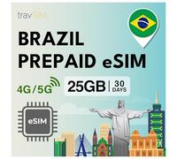 travSIM Brésil eSIM | 25GB de données mobiles à des vitesses 4G/5G | accès internet illimité pour Google, Facebook, WhatsApp et plus encore | Le plan eSIM pour le Brésil est valable pendant 30 jours
