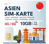 travSIM Carte SIM asiatique | 15 jours - 10 Go | Carte SIM Asie, utilisation à Macao, Chine, Hong Kong, Malaisie, Thaïlande, Singapour et plus | Accès à Google, Facebook, Whatsapp et plus | Pas de