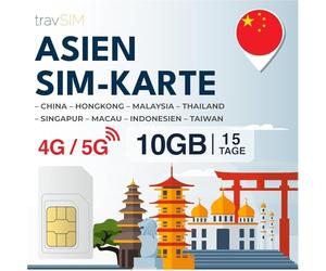 travSIM Carte SIM asiatique | 15 jours - 10 Go | Carte SIM Asie, utilisation à Macao, Chine, Hong Kong, Malaisie, Thaïlande, Singapour et plus | Accès à Google, Facebook, Whatsapp et plus | Pas de