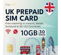 travSIM Carte SIM britannique | Données 10 Go / vitesses 4G/5G | Appels illimités | Utilisez la carte SIM britannique au Royaume-Uni, en Suisse et dans plus de 30 pays de l'UE | Le plan sur SIM