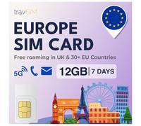 travSIM Carte SIM Europe | 12GB Data à des Vitesses 4G/5G | Data Only SIM | Utiliser la Carte SIM Europe dans 27 Pays de l'UE | Plan sur la Carte SIM pour l'europe valable Pendant 7 Jours