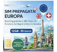 travSIM Carte SIM Europe | 12GB de données avec des Vitesses 4G/5G | Appels illimités | Utilisable au Royaume-Uni, en Suisse et dans Plus de 30 Pays de l'UE | Le Plan est valable Pendant 30 Jours