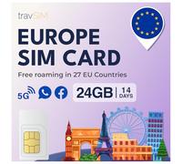 travSIM Carte SIM Europe | 24GB Data à des Vitesses 4G/5G | Data Only SIM | Utiliser la Carte SIM Europe dans 27 Pays de l'UE | Plan sur la Carte SIM pour l'europe valable Pendant 14 Jours