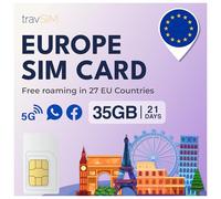 travSIM Carte SIM Europe | 35GB Data à des Vitesses 4G/5G | Data Only SIM | Utiliser la Carte SIM Europe dans 27 Pays de l'UE | Plan sur la Carte SIM pour l'europe valable Pendant 21 Jours