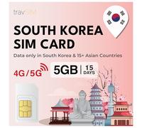 travSIM Carte SIM pour la Corée du Sud | 5GB de données Mobiles | Utiliser Les Applications voip pour Envoyer des Messages, Passer des appels | Carte SIM pour la Corée du Sud, valable 15 Jours.