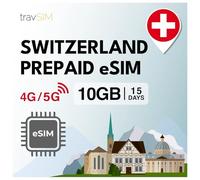 travSIM e SIM Suisse | 10GB Data eSIM - durée du Plan 15 Jours | eSIM Suisse Offre Un accès Internet pour Google, Facebook, Whatsapp, Instagram et Plus Encore.