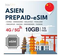 travSIM eSIM Asie | 15 jours - 10 Go de données eSIM | Utilisation à Macao, Chine, Hong Kong, Malaisie, Thaïlande, Singapour et plus | Accès Internet à Google, Facebook, Whatsapp et plus | Pas de
